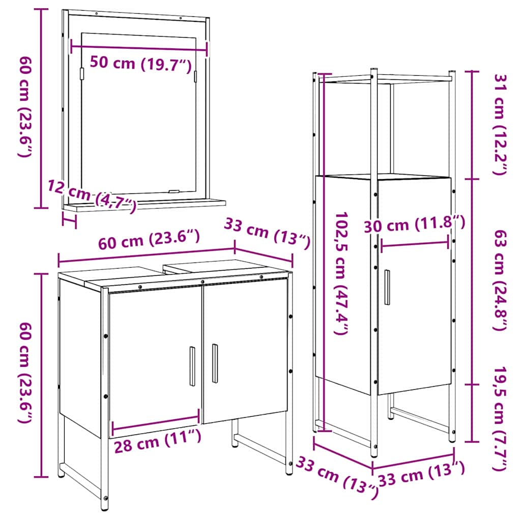 vidaXL Σετ Επίπλων Μπάνιου με αποθήκευση 3 pcs Καφέ 33 x 33 x 102.5 εκ