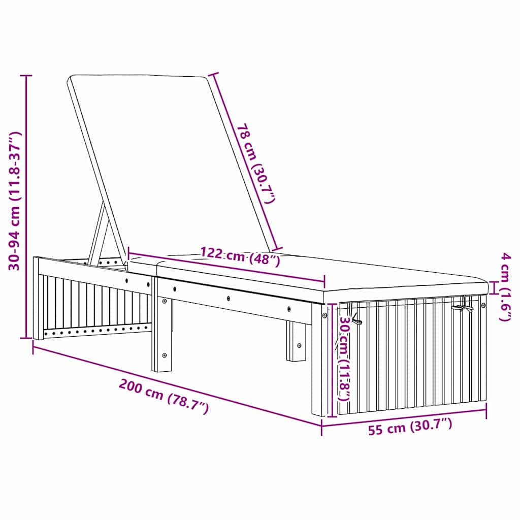 vidaXL Ξαπλώστρα με Μαξιλάρι 200x55x30 εκ Μασίφ Ξύλο Ακακίας