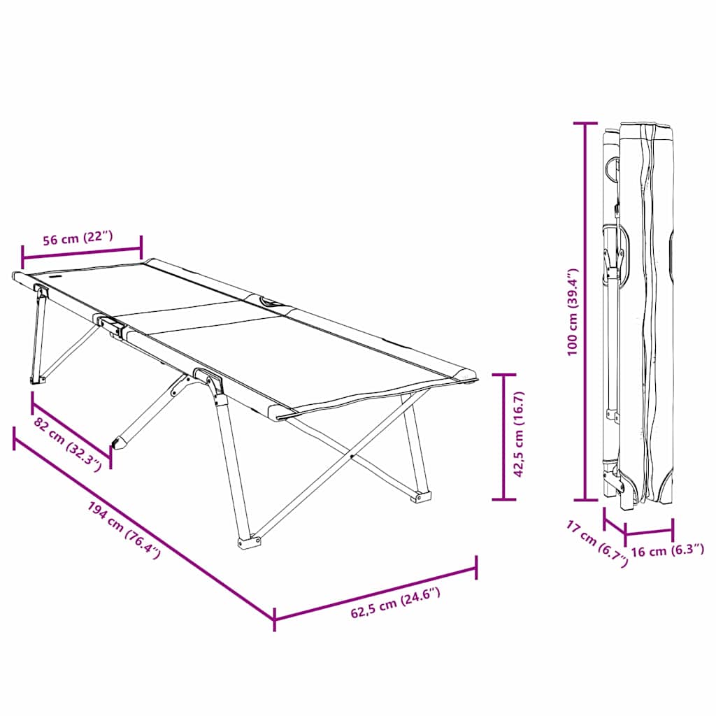 vidaXL Αναδιπλούμενο Κρεβάτι Κάμπινγκ Γκρι 62 x 194 x 42 εκ.