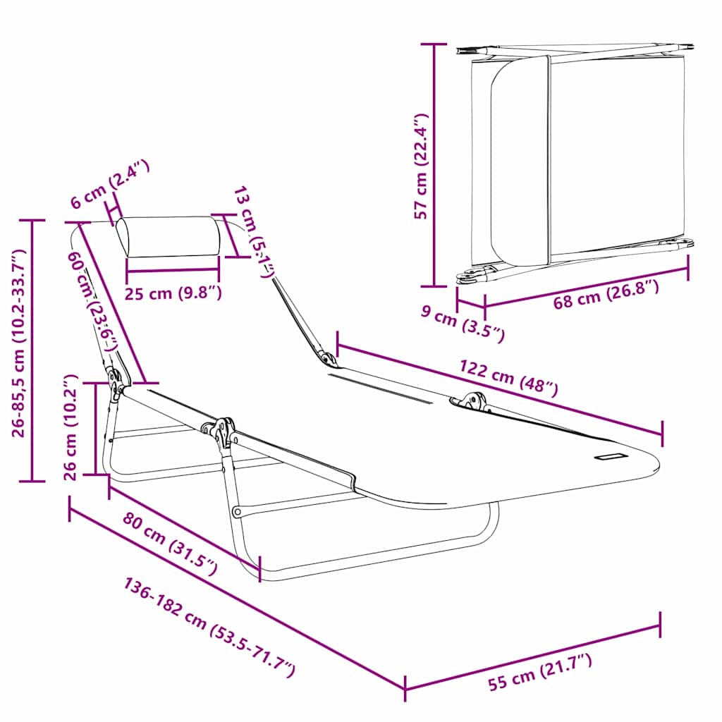 vidaXL Πτυσσόμενη ξαπλώστρα Γκρι 182 x 55 x 85,5 εκ Textilene