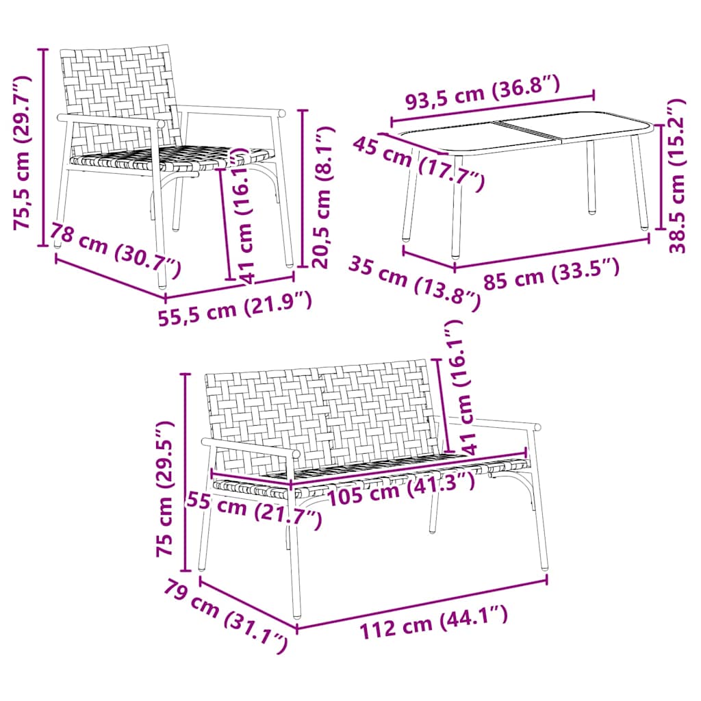 vidaXL Σετ Καφέ Εξωτερικού Χώρου 4 Τεμαχίων σε καφέ ρατάν και ατσάλι