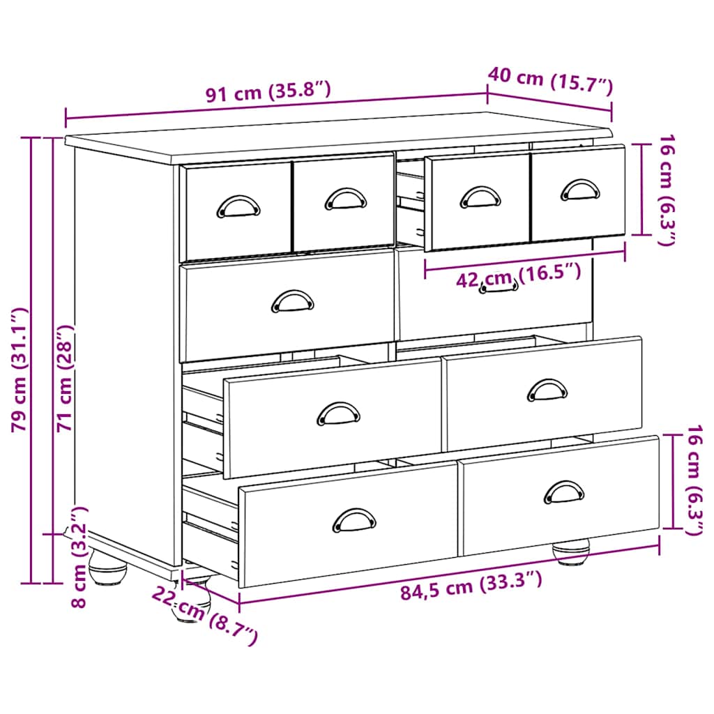 vidaXL Κουτί με Συρτάρια 'ASKIM' Καφέ μέλι 91x40x79 εκ. Συμπαγές Ξύλο Πεύκου