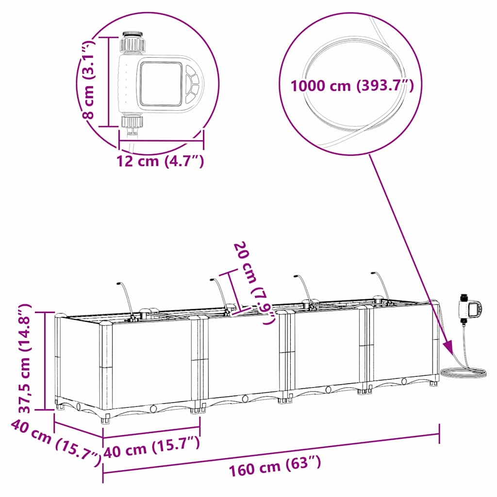 vidaXL Ζαρντινιέρες κήπου Μαύρο 160 x 40 x 37.5 cm Ατσάλι