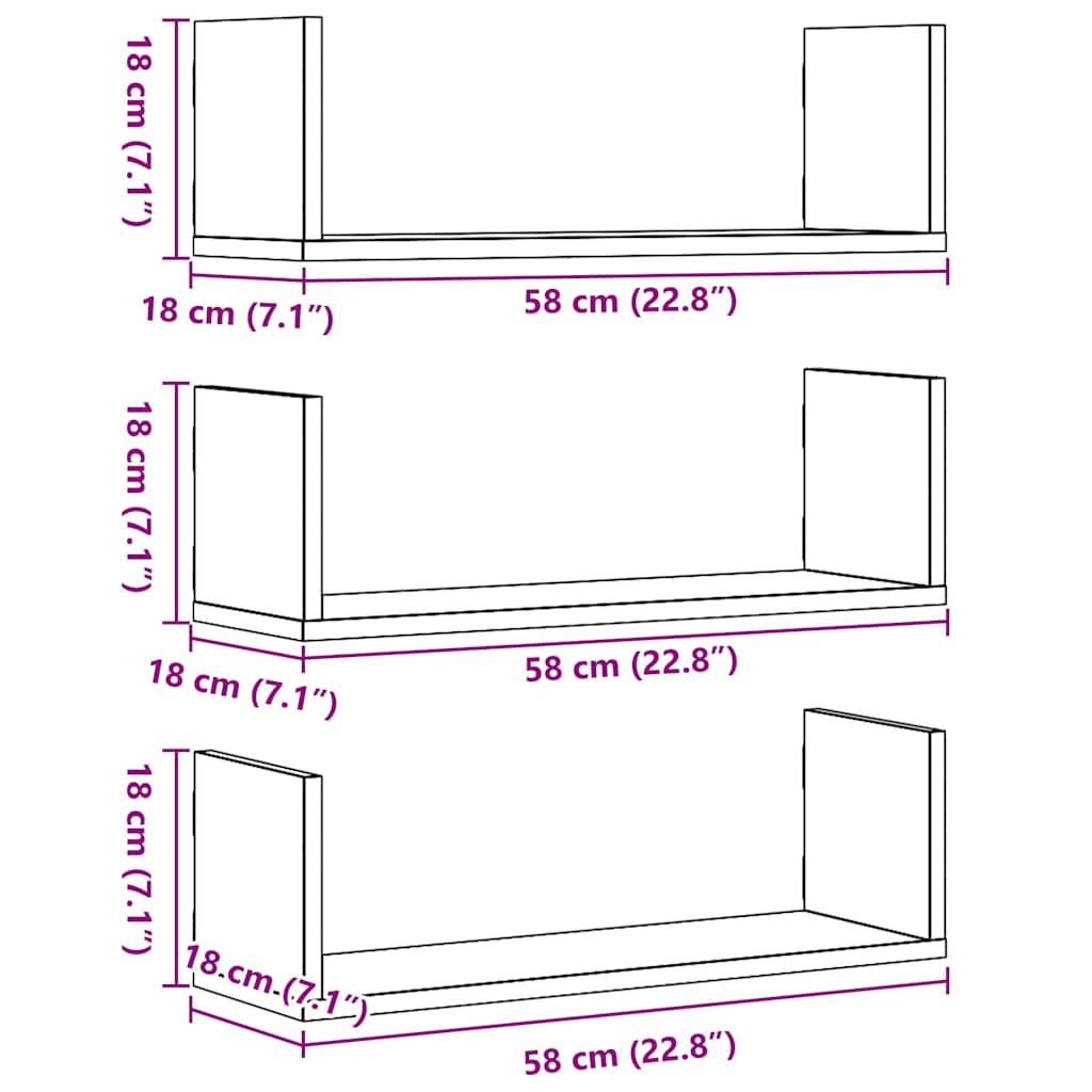 vidaXL Ράφια Τοίχου 3 τεμ. Μαύρη Δρυς 58x18x18 εκ. από Τεχνητό Ξύλο