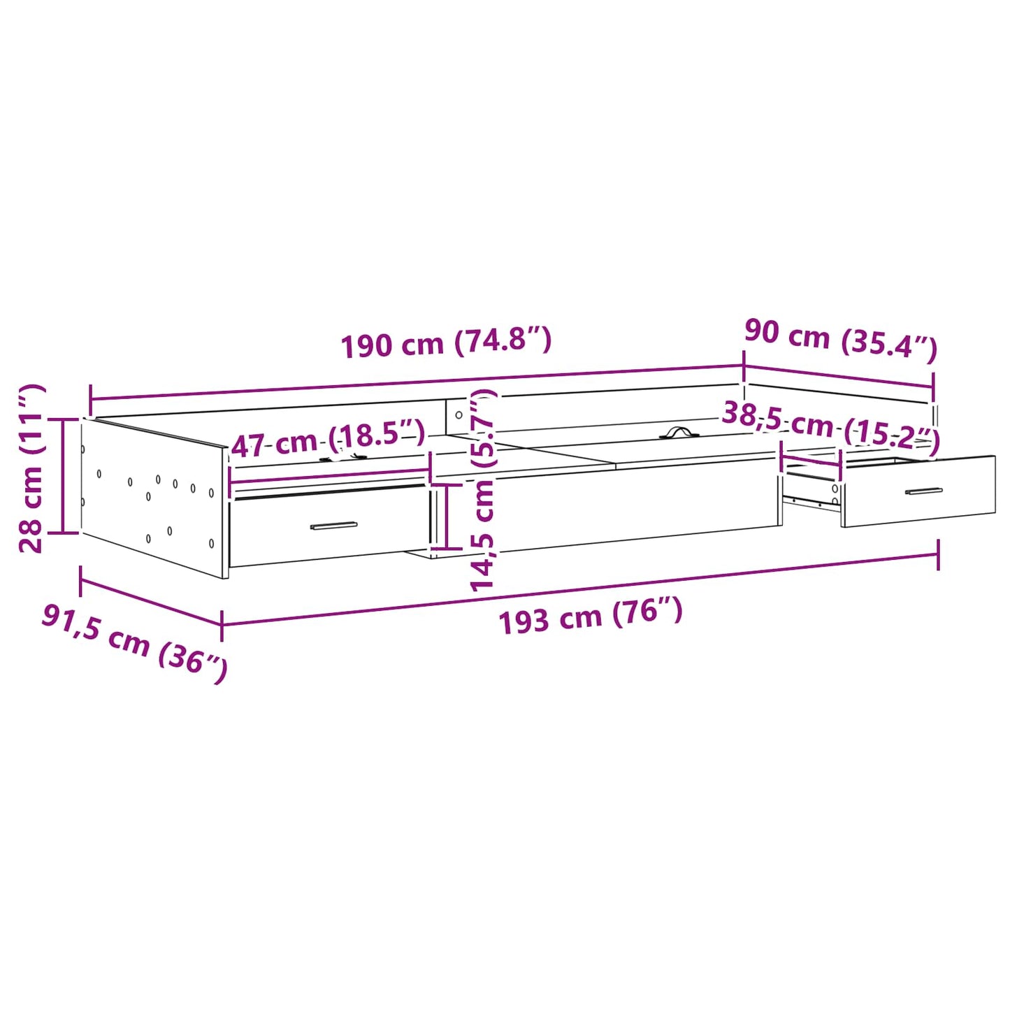 vidaXL Σκελετός Κρεβατιού Παλιό Ξύλο 90 x 190 cm Επεξεργασμένο ξύλο