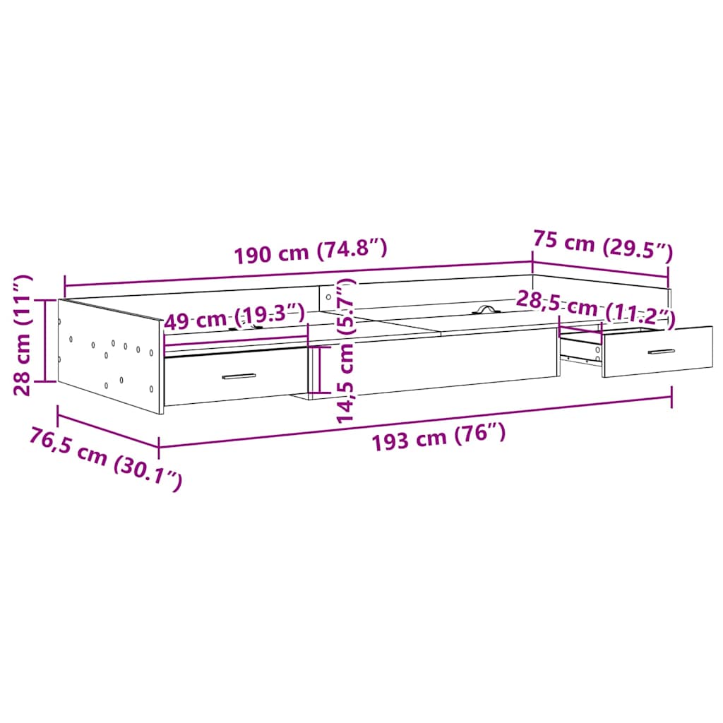vidaXL Σκελετός Κρεβατιού Δρύς Sonoma 75 x 190 cm Επεξεργασμένο ξύλο