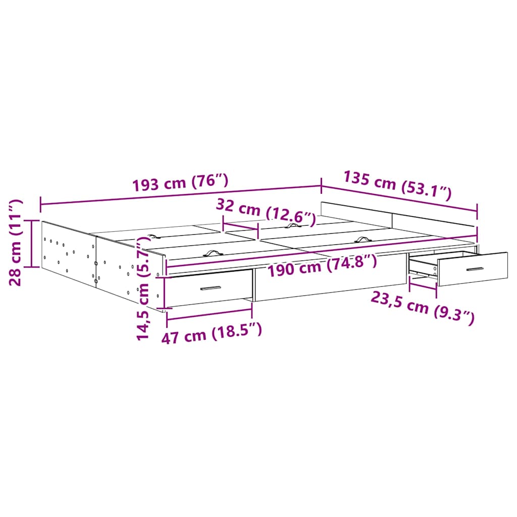 vidaXL Κρεβάτι με αποθηκευτικό χώρο Sonoma Δρυς 135 x 190 cm Μελαμίνη