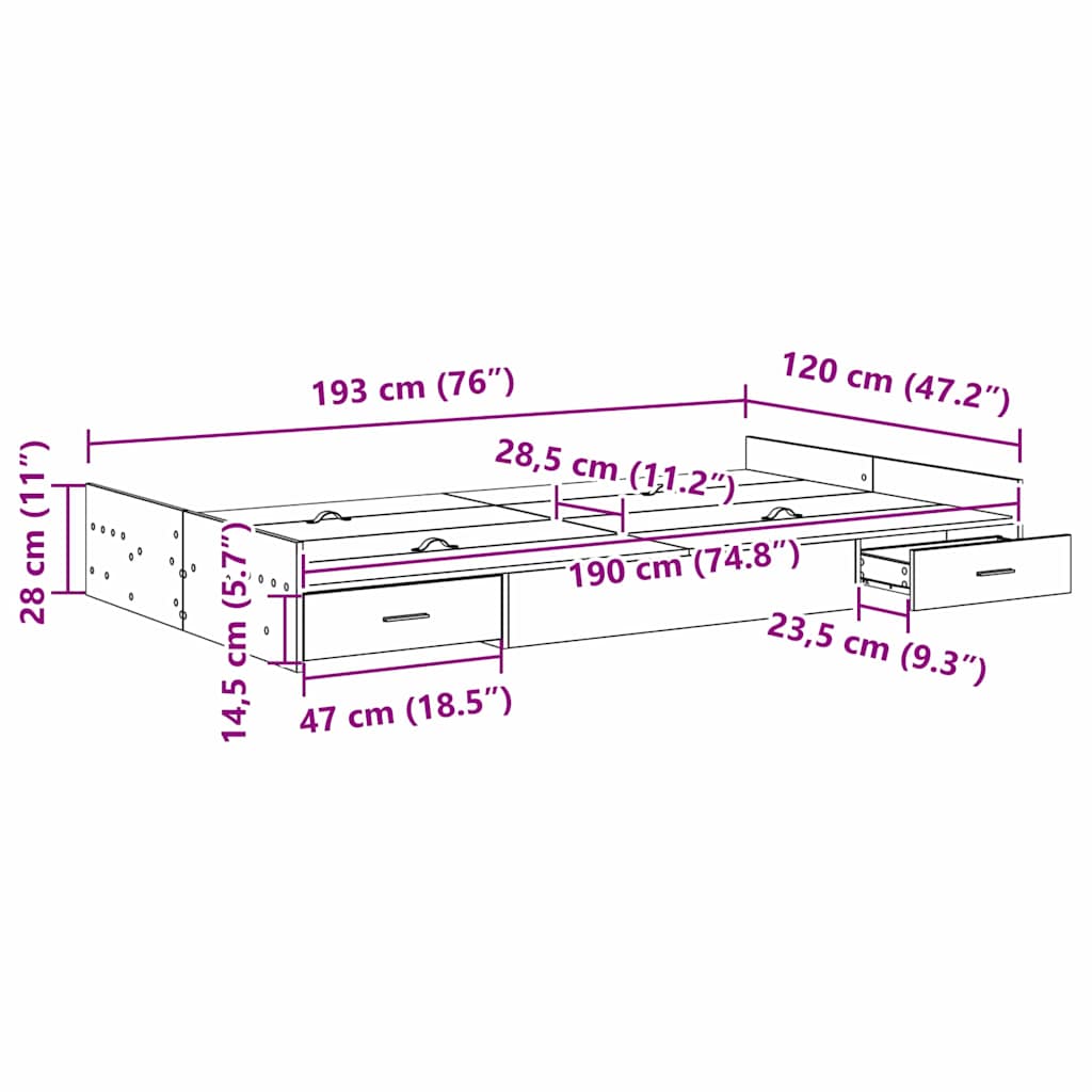 vidaXL Κρεβάτι με αποθηκευτικό χώρο Μαύρη δρυς 120 x 190 cm Μελαμίνη