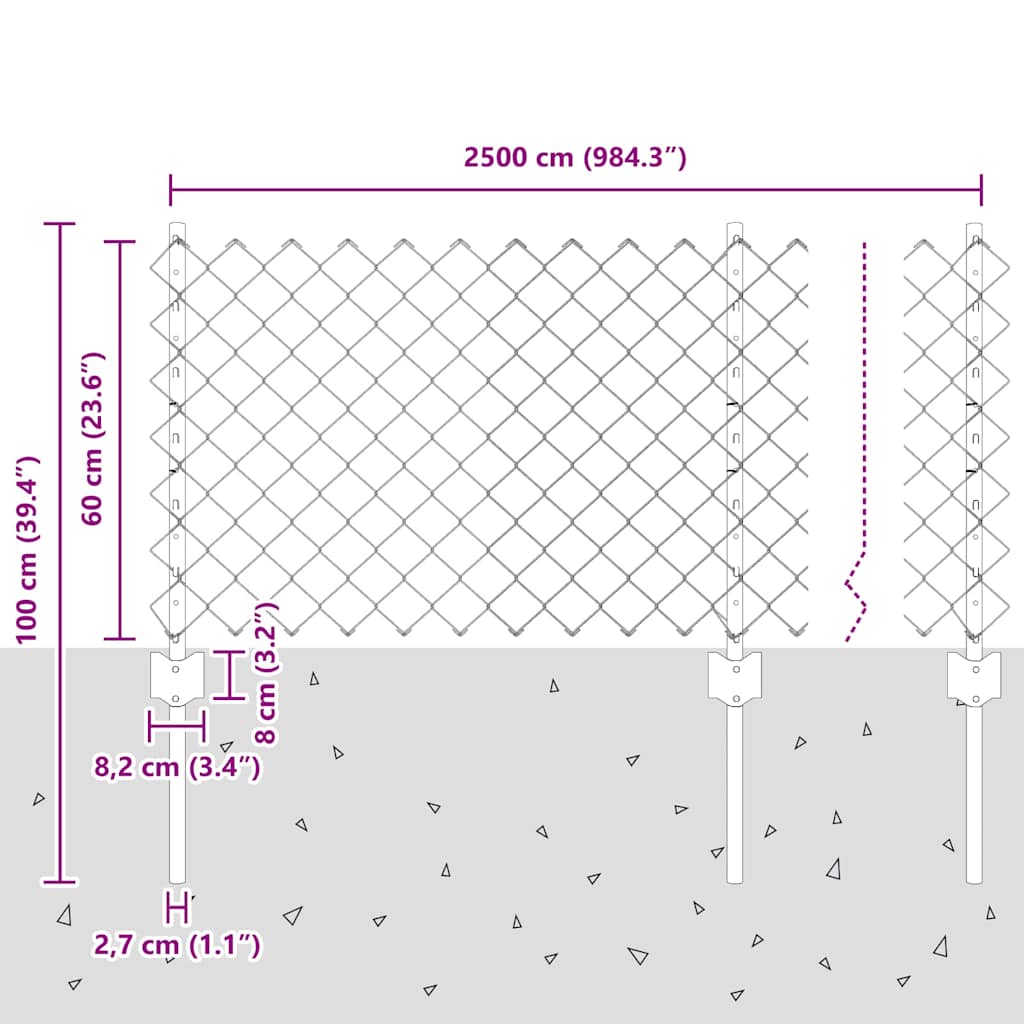 vidaXL Προστατευτικό Πλέγμα με 22 Στάντ Ασημί 0.6x25 μ Χάλυβας