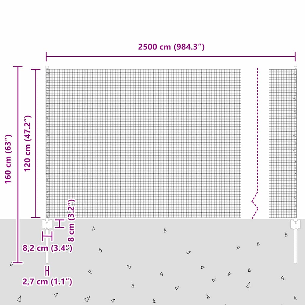 vidaXL Συρμάτινος Φράχτης με 22 Στυλούς Ασημί 1.2x25 μ Χάλυβας