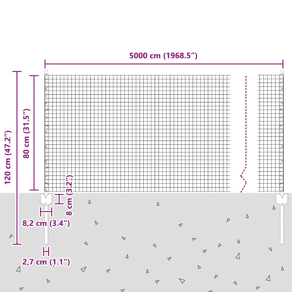 vidaXL φράχτης γαλβανισμένου ατσαλιού με 22 μπαχαρίδες ασημί 0.8x50 m