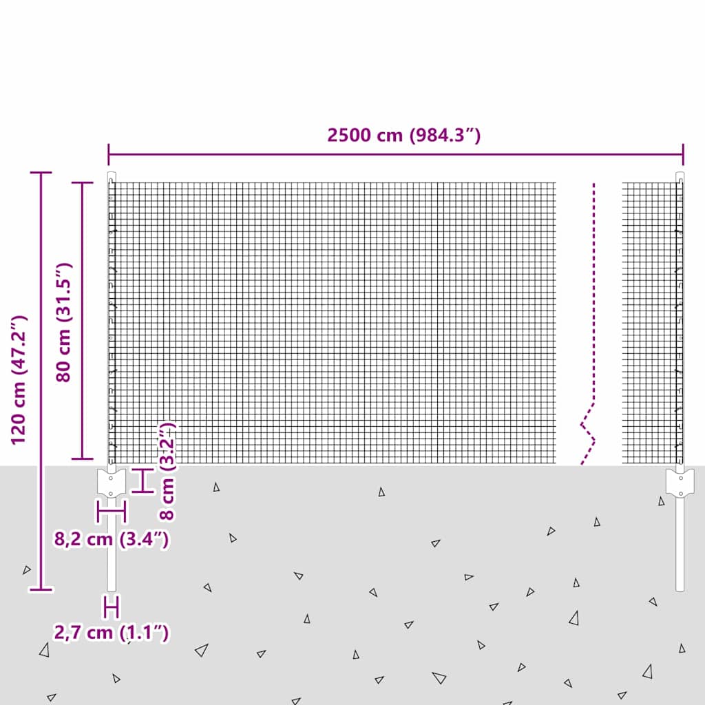 vidaXL Συρματόπλεγμα με Στυλίς 25 x 0,8 m PVC-Επικαλυμμένο Ατσάλι Γκρι