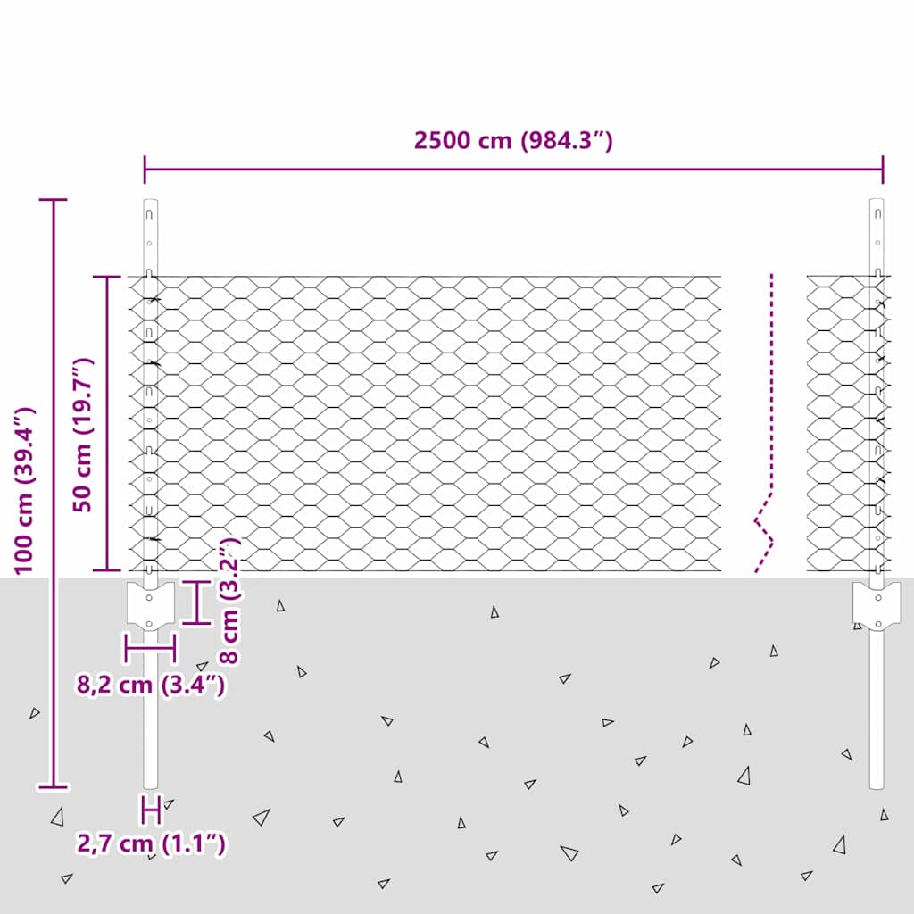 vidaXL Εξαγωνική Φράχτη με Στύλο 25 x 0,5 m Γαλβανισμένος Χάλυβας