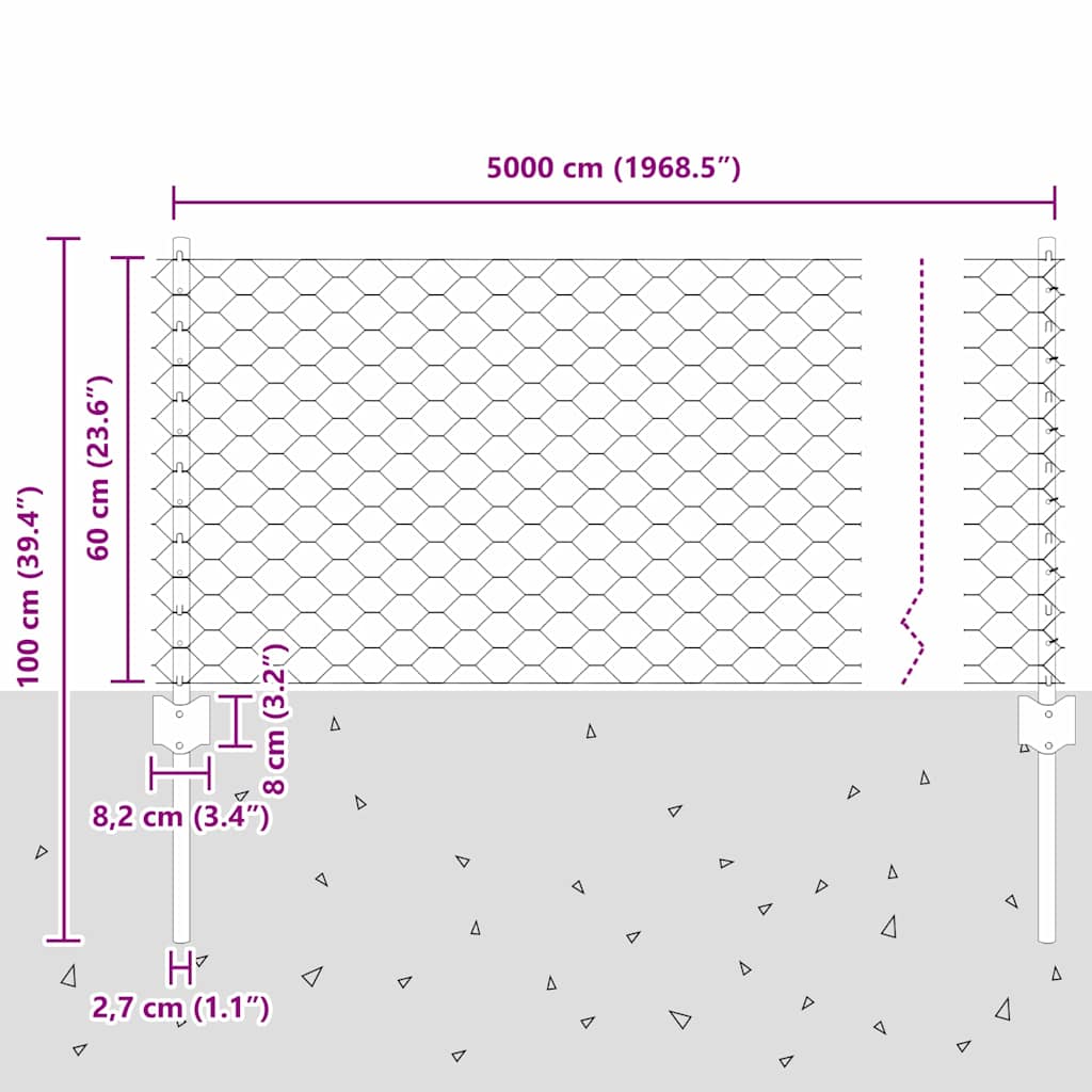 vidaXL Εξαγωνική Φράχτη με Στύλο 50 x 0,6 μ Γαλβανισμένος Χάλυβας