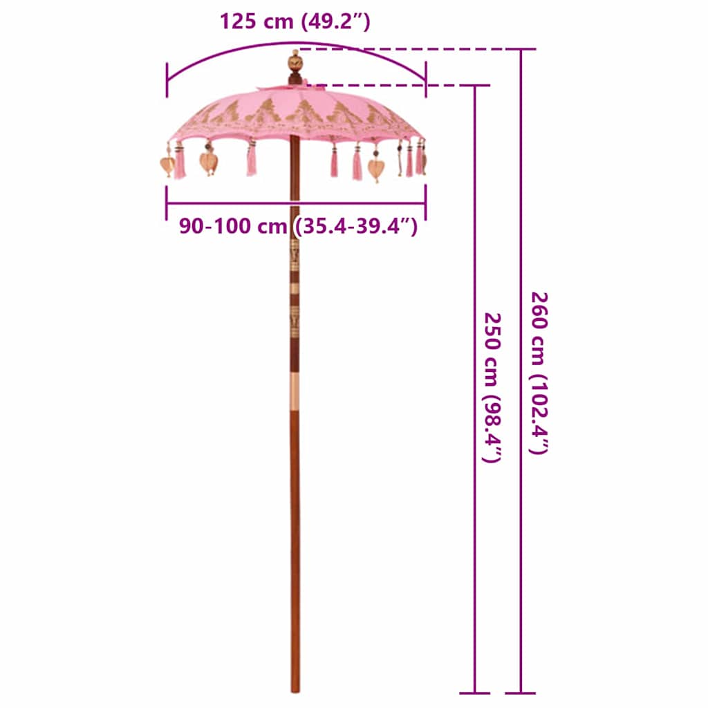 vidaXL Μπαλινέζικη Ομπρέλα Ροζ 95 x 95 x 260 εκ. Βαμβάκι