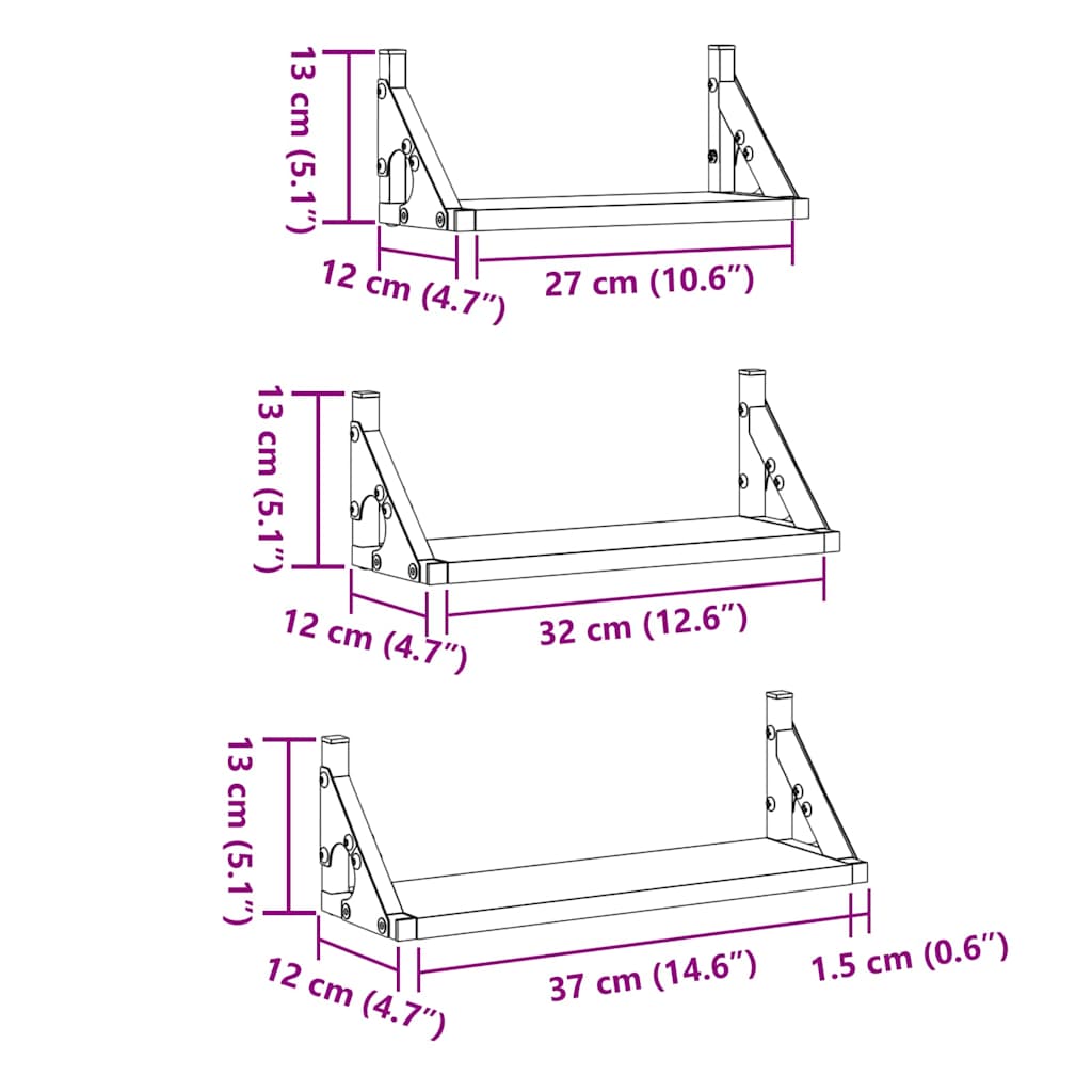 vidaXL Ράφι Τοίχου 3 τμχ. Καπνιστό Δρύς 37 x 12 x 13 εκ.