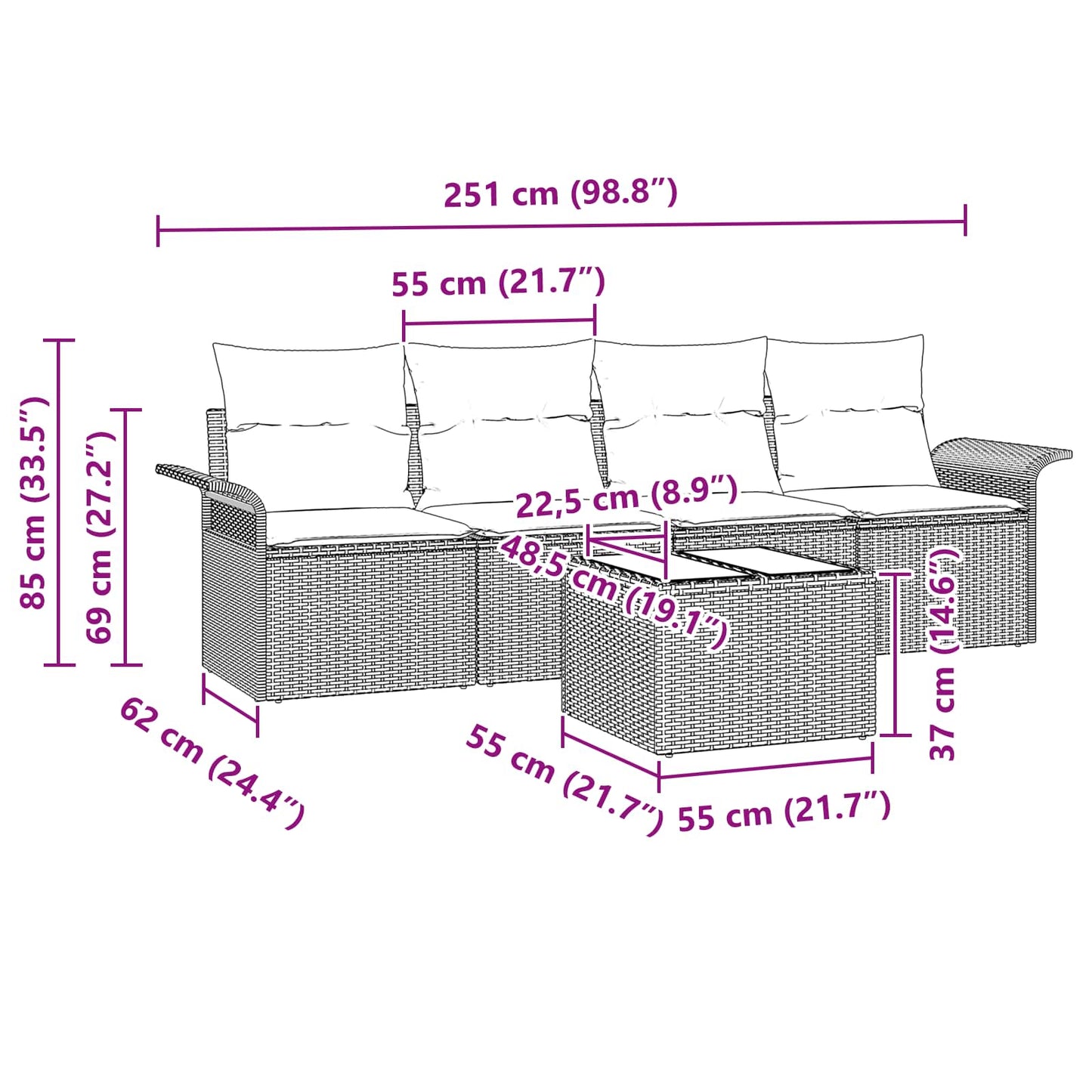 vidaXL Σετ Καναπέ με μαξιλάρι 5 pcs Μαύρο συνθετικό ρατάν