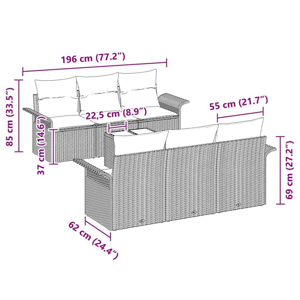 vidaXL Σετ Καναπέ Κήπου με μαξιλάρι 7 pcs Μαύρο συνθετικό ρατάν