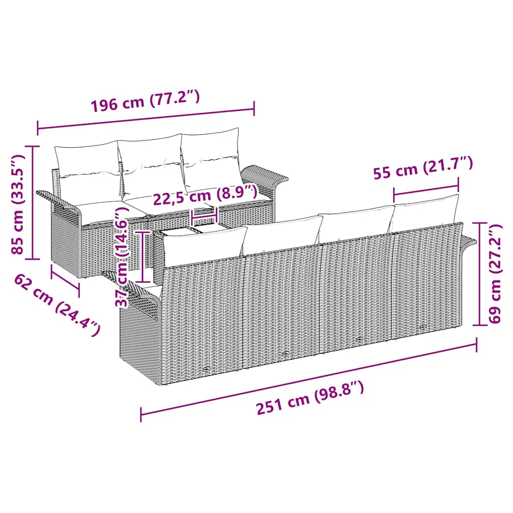 vidaXL Σετ Καναπέ Κήπου 8 Τεμαχίων με Μαξιλάρια Μαύρο Πολυ Ρατάν
