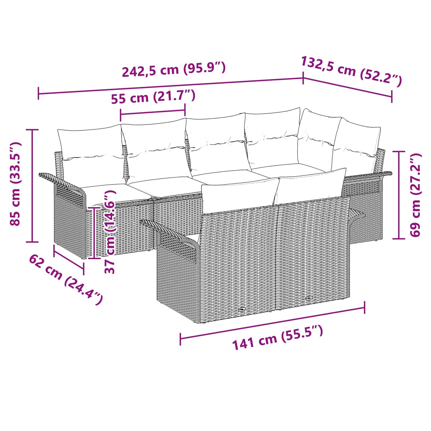 vidaXL Σετ Καναπέ Κήπου με μαξιλάρι 7 pcs Γκρι συνθετικό ρατάν