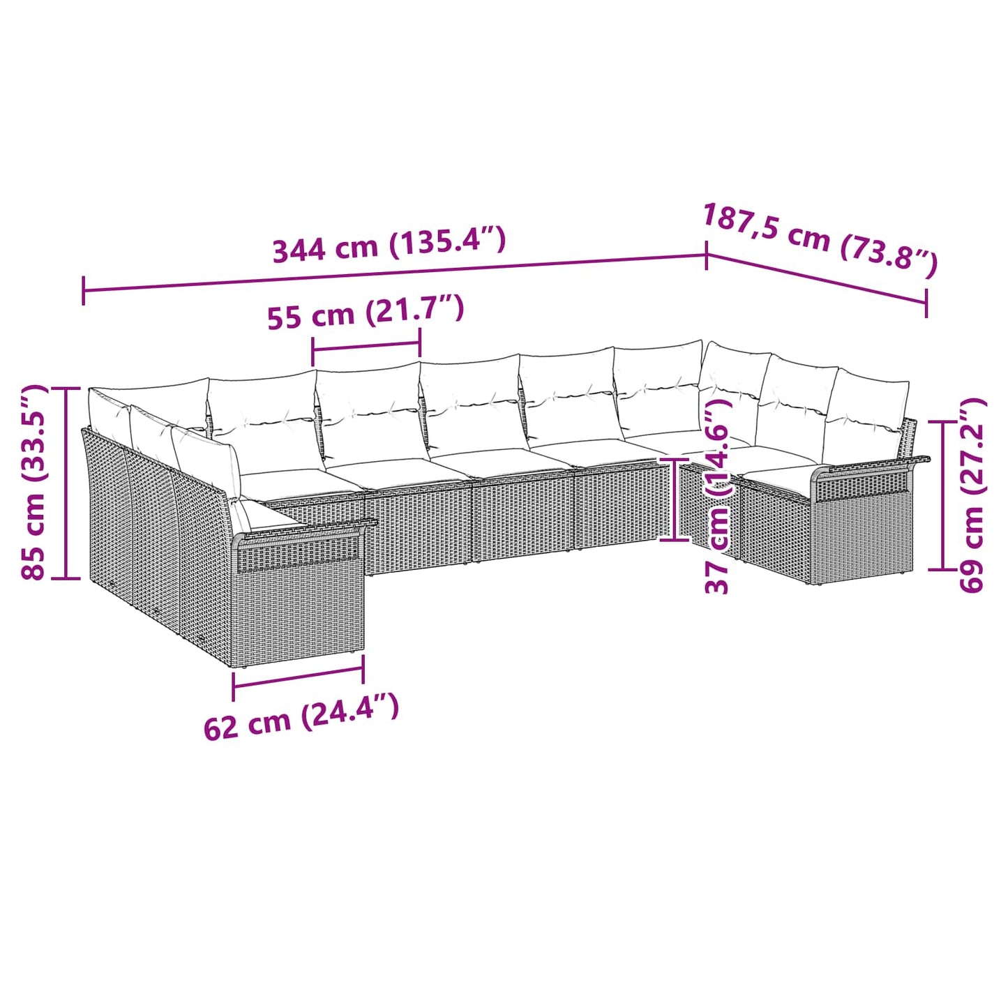 vidaXL Σετ Καναπέ Κήπου με μαξιλάρι 10 pcs Γκρι συνθετικό ρατάν