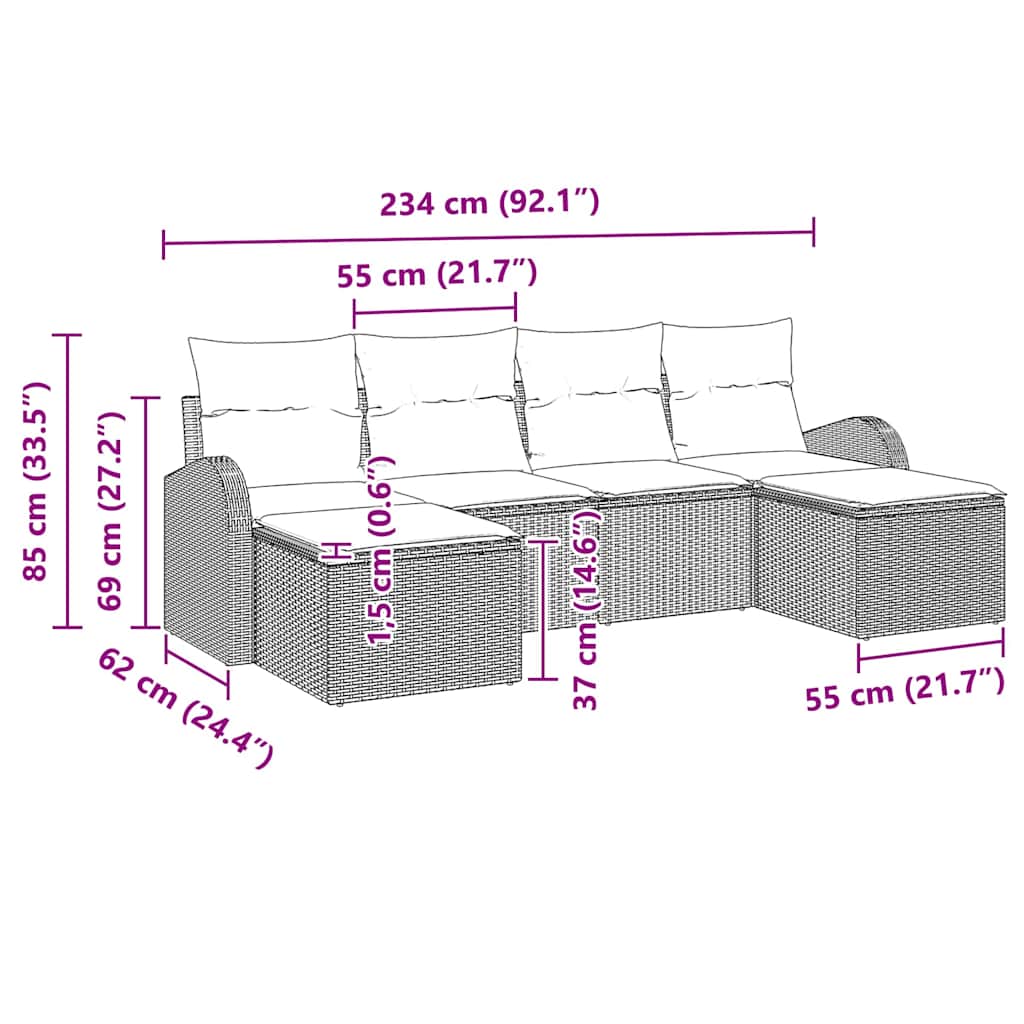 vidaXL Σετ Καναπέ Κήπου 6 Τεμαχίων με Μαξιλάρια Μαύρο Ρατάν Πολυεστέρα