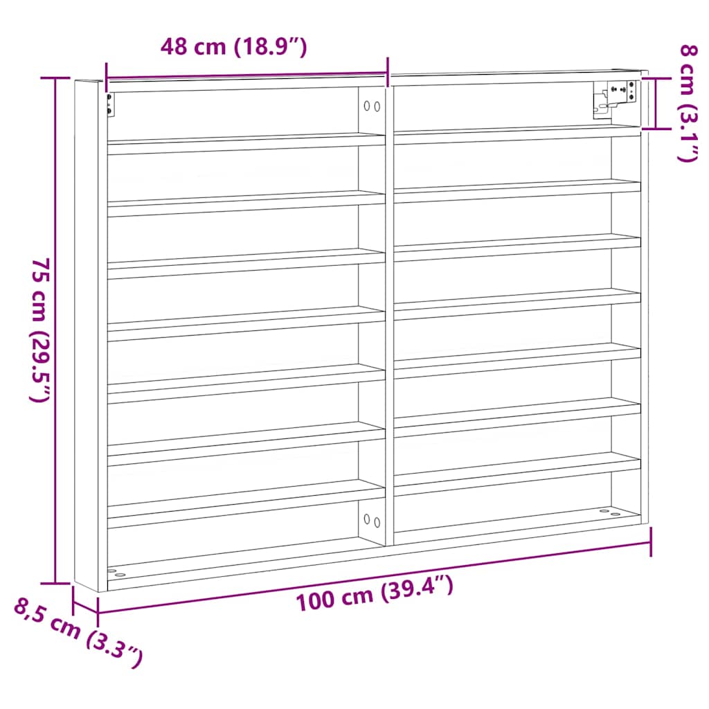 vidaXL Βιτρίνα με ράφι Παλιό ξύλο 100 x 8,5 x 75 cm Επεξεργασμένο ξύλο