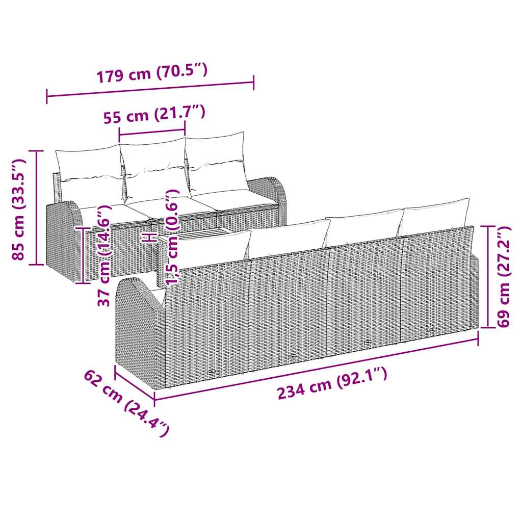 vidaXL 8 Τεμαχίων Σετ Καναπέ Κήπου με Μαξιλάρια Μαύρο Πολυ Ρατάν Ακακία