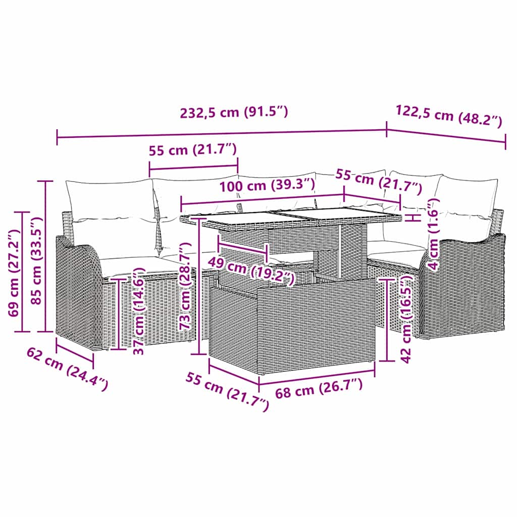 vidaXL Σετ Καναπέ Κήπου με μαξιλάρι 6 pcs Μαύρο Πολυ ράταν