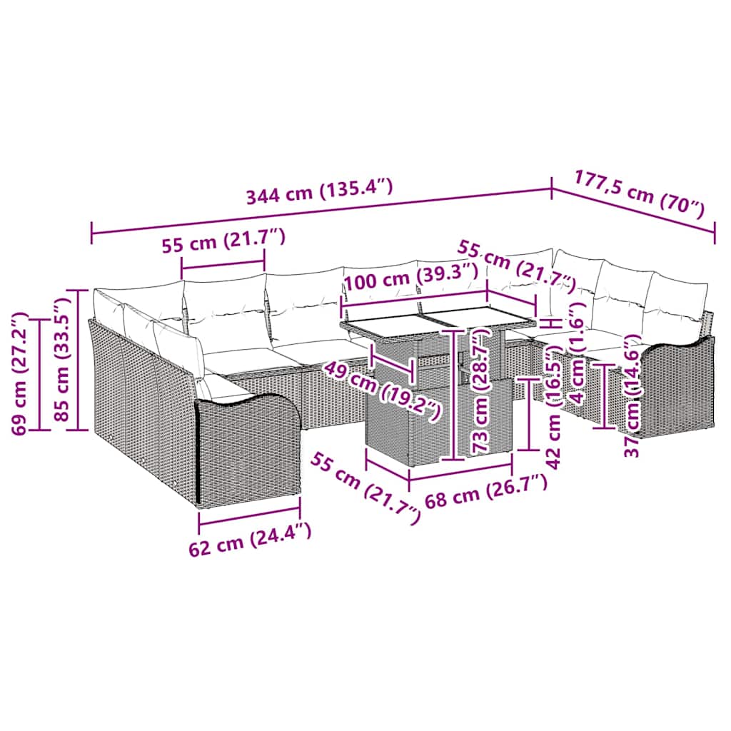 vidaXL Σετ Καναπέ Κήπου 11 Τεμαχίων με Μαξιλάρια Μπεζ Πολυ Ρατάν, vidaXL Καναπές Κήπου 2-θέσεων με Μαξιλάρια Μπεζ Πολυ Ρατάν