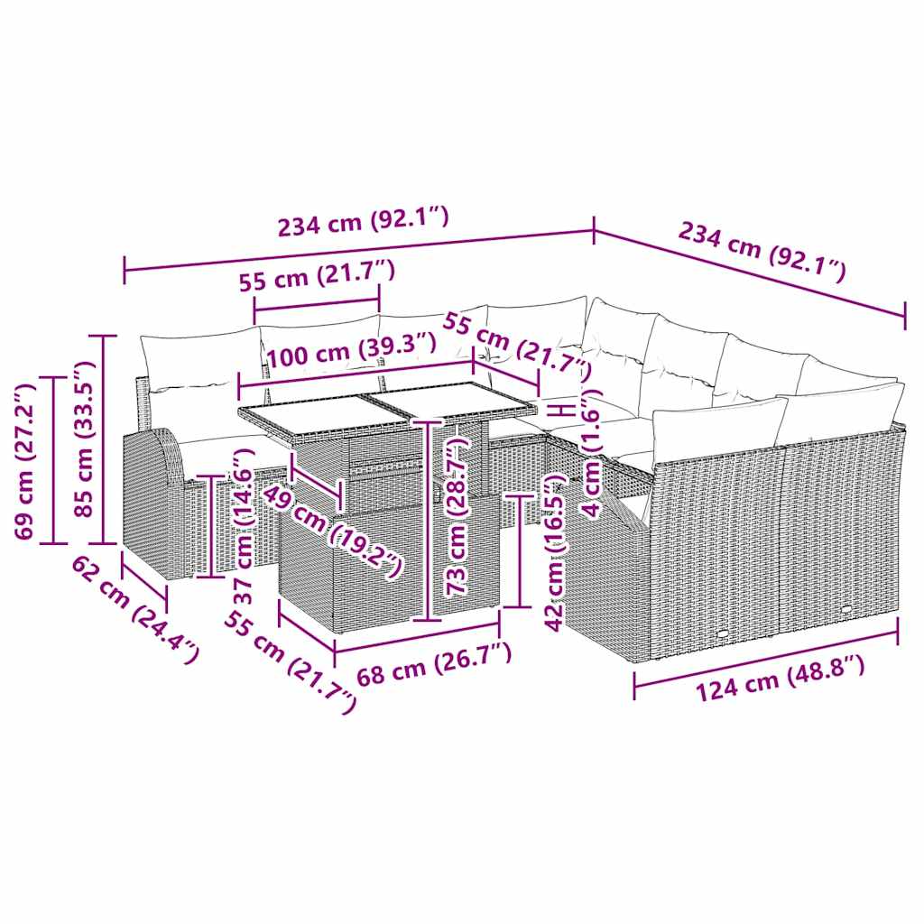 vidaXL Σετ Καναπέ Κήπου με αποθήκευση 9 pcs Γκρι συνθετικό ρατάν