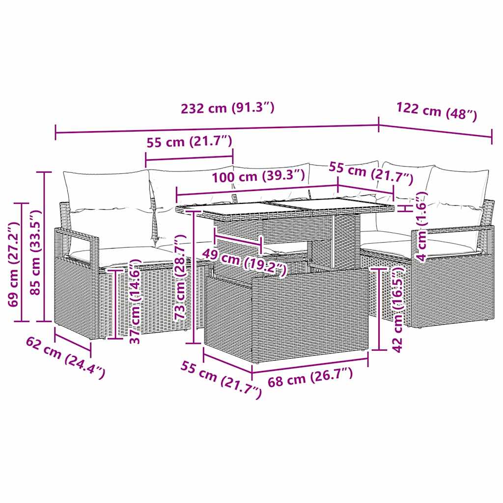 vidaXL 6 Τεμαχίων Σετ Καναπέ Κήπου με Μαξιλάρια Ανοιχτό Γκρι Πολυ Ρατάν