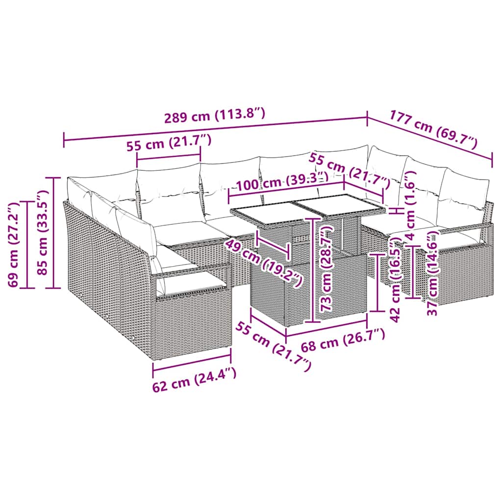 vidaXL 10 Κομμάτι Σετ Καναπέ Κήπου με Μαξιλάρια Γκρι Πολυ Ρατάν