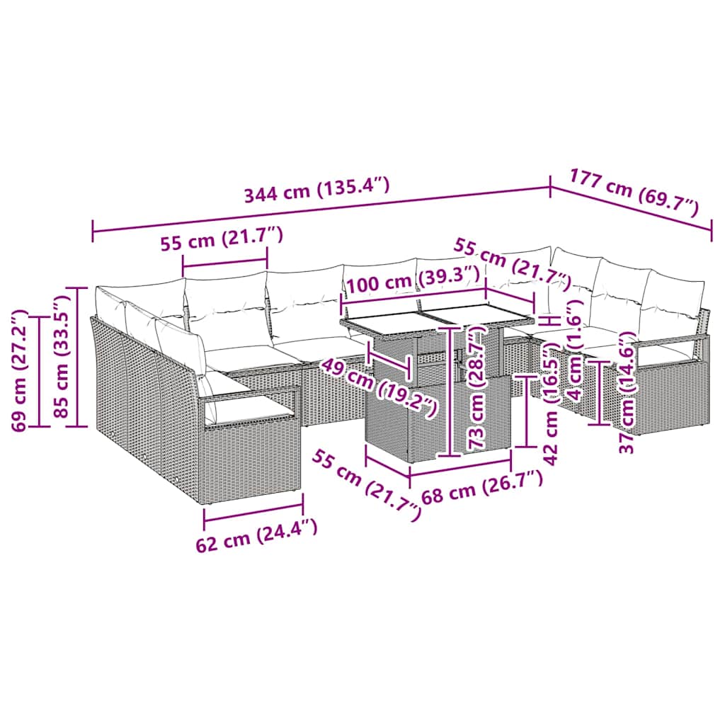 vidaXL Σετ Καναπέ Κήπου 11 pcs Μαύρο και κρεμ 100 x 55 x 73 εκ