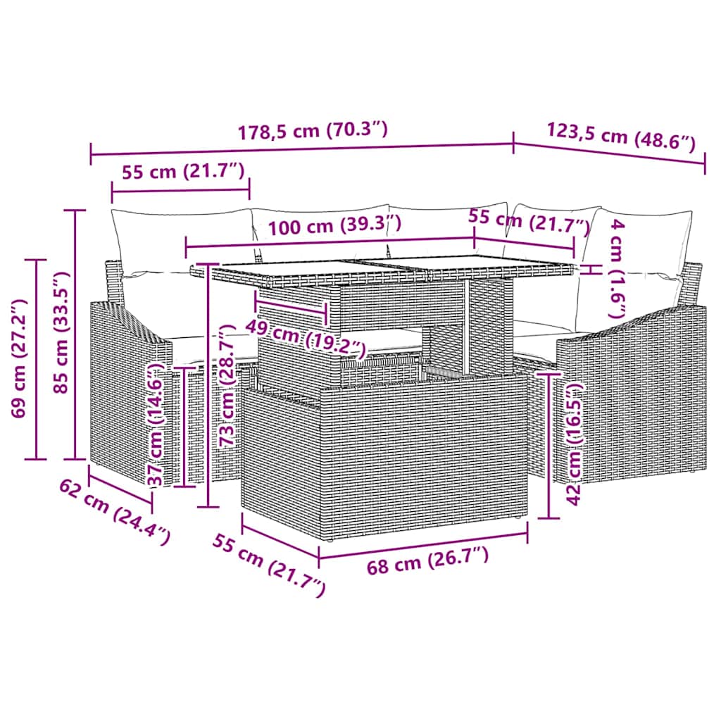 vidaXL 5 Τεμαχίων Σετ Καναπέ Κήπου με Μαξιλάρια Μπεζ Πολυ Ρατάν