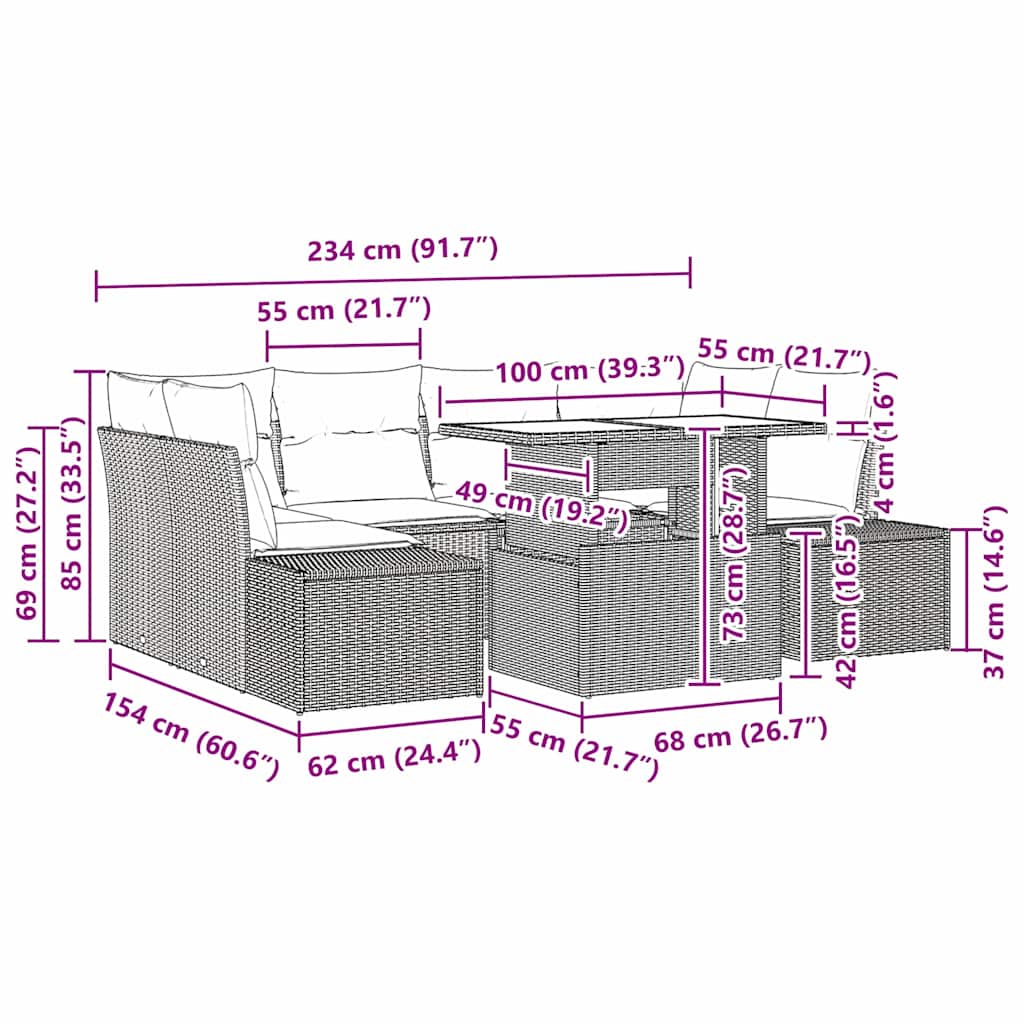 vidaXL Σετ Καναπέ Κήπου 7 Τεμαχίων με Μαξιλάρια Μαύρο Πολυρατάν