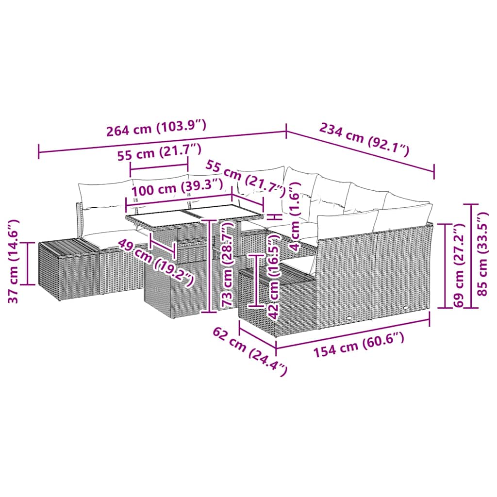 vidaXL Σετ 9 Τεμαχίων Καναπέ Κήπου με Μαξιλάρια Μπεζ Πολυ Ρατάν
