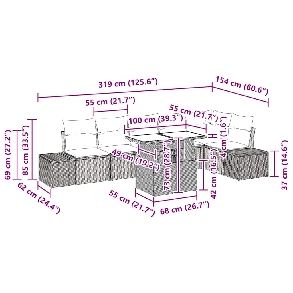 vidaXL 7 Τεμάχια Σετ Σαλονιού Κήπου Με Μαξιλάρια Γκρι Πολυ Ρατάν