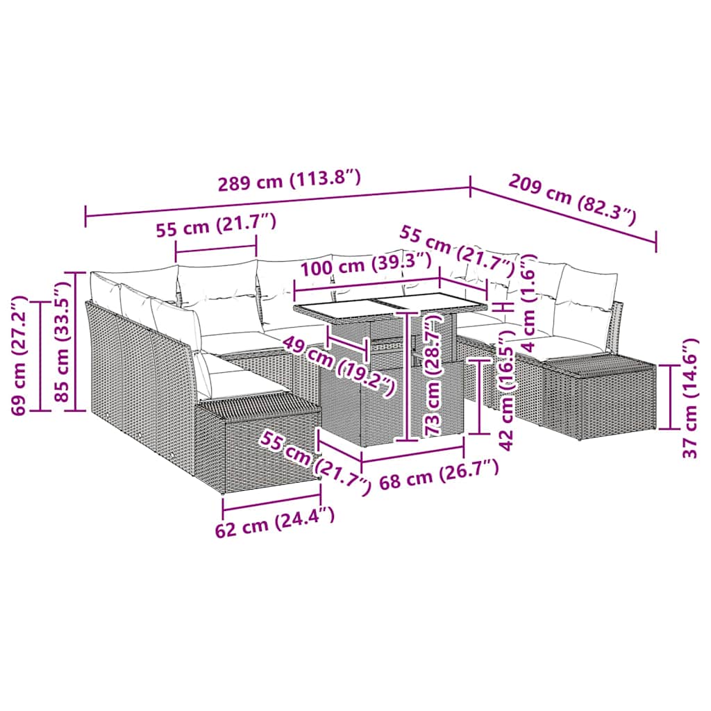 vidaXL 10-κομμάτι Σετ Καναπέ Κήπου με Μαξιλάρια Μαύρο Πολυ-Ρατάν