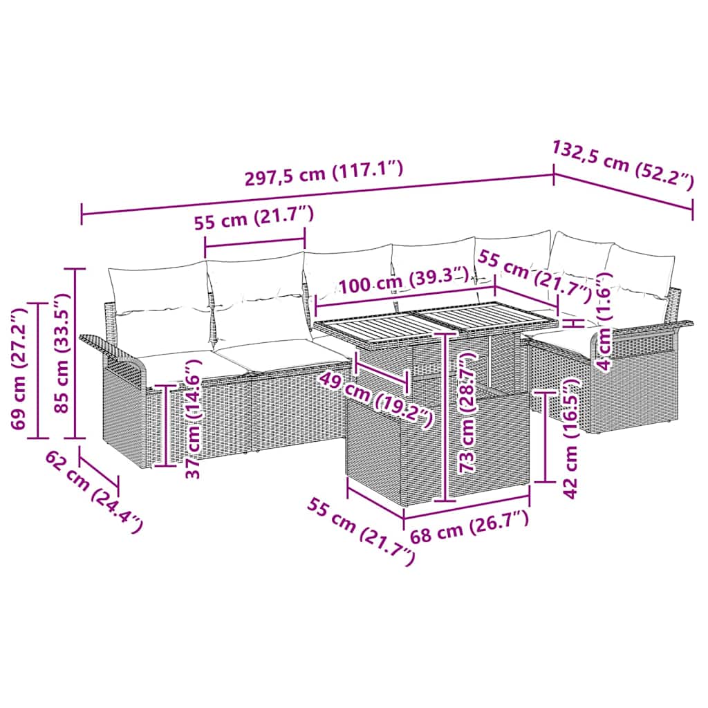 vidaXL 7 τεμαχίων Σετ Τραπεζαρίας Κήπου με Μαξιλάρες Μπεζ Πολυ Ρατάν Ακακία