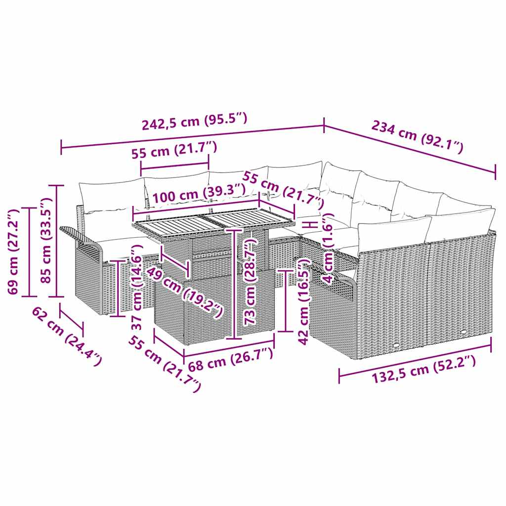 vidaXL Σετ 11 τεμαχίων Τραπεζαρίας Κήπου με Μαξιλάρια Μπεζ Πολυ Ρατάν Ακακία