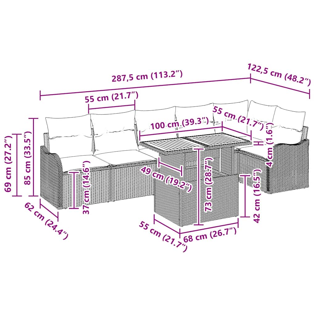 vidaXL Σετ Καναπέ Κήπου με μαξιλάρι 7 pcs Γκρι 100 x 55 x 73 εκ