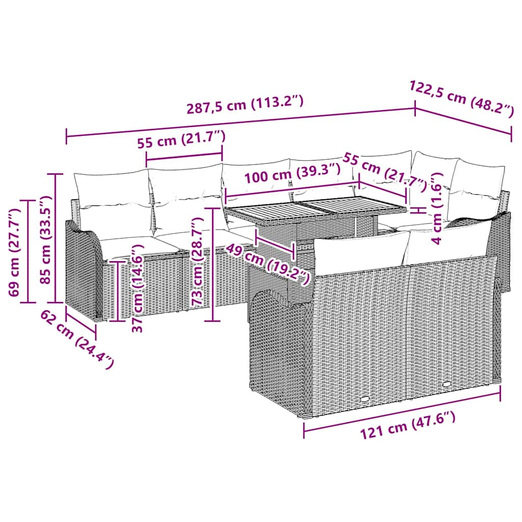 vidaXL Σετ Καναπέ Κήπου με μαξιλάρι 9 pcs Γκρι 100 x 55 x 73 εκ