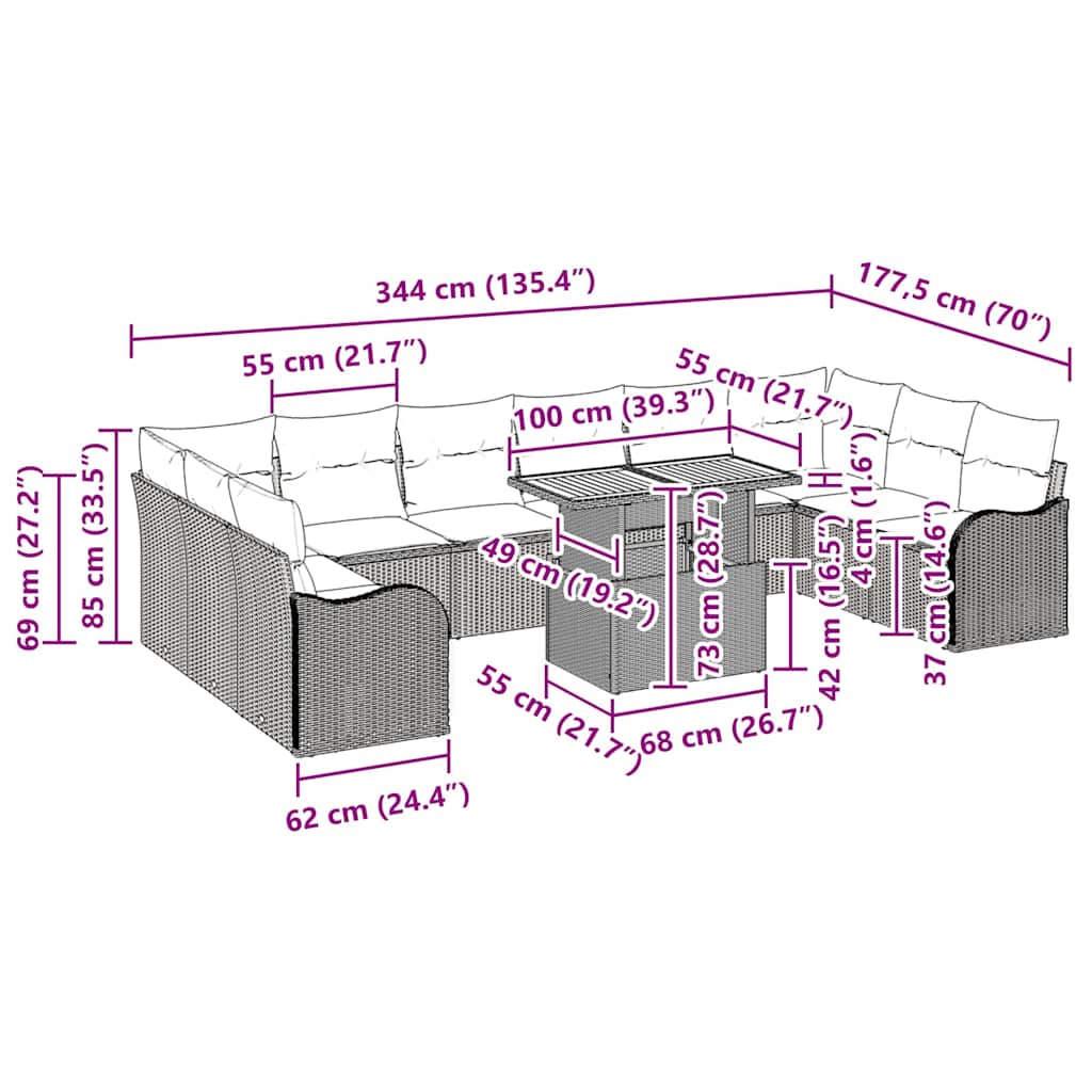 Σετ Καναπέ Κήπου 11 τμχ με Μαξιλάρια Μπεζ Πολυ Ρατάν Ακακία