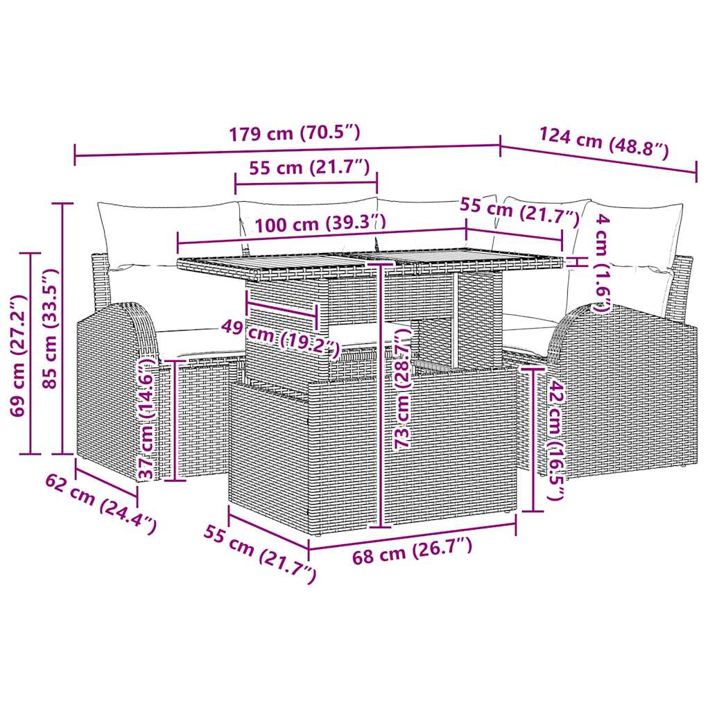 vidaXL Σετ φαγητού κήπου 5 τεμαχίων με μαξιλάρια μαύρο πολυ ράταν ακακίας