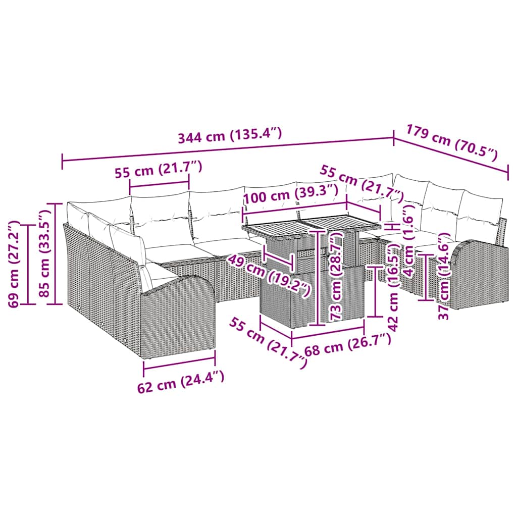 vidaXL Σετ 11 Τεμαχίων Φαγητού Κήπου με Μαξιλάρια Μπεζ Πολυ Ρατάν Ακακίας