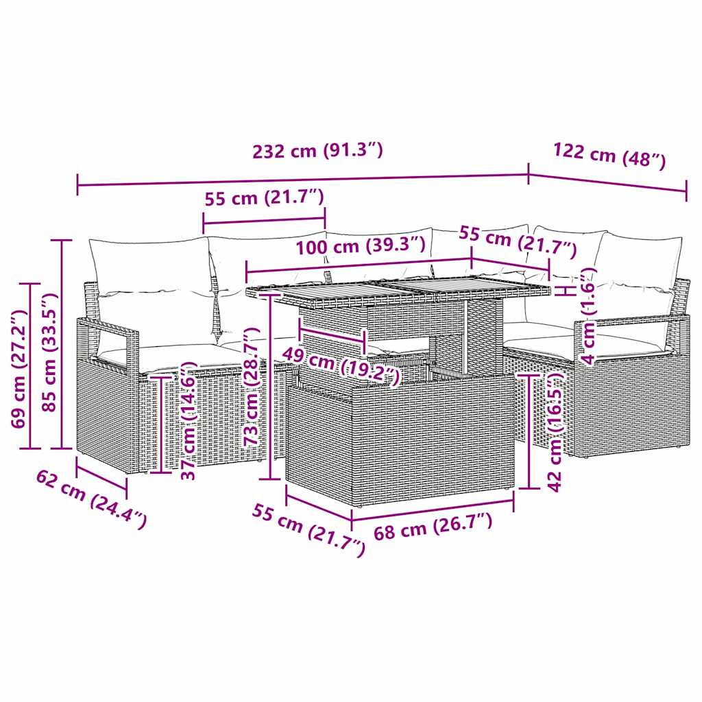 vidaXL 6 Τεμαχίων Σετ Καναπέ Κήπου με Μαξιλάρια Μπεζ Πολυ Ρατάν Ακακία