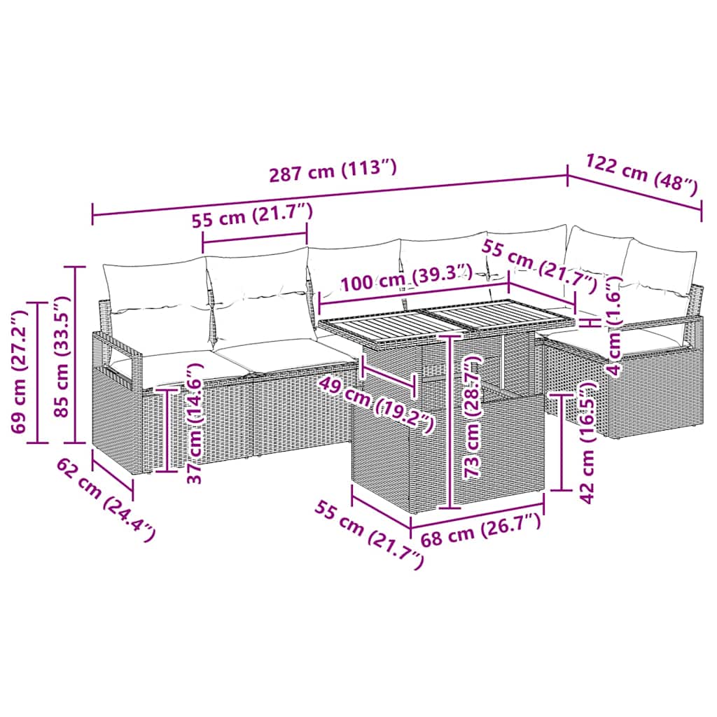 vidaXL Σετ Καναπέ Κήπου 7 Τεμαχίων με Μαξιλάρια Γκρι Πολυ Ρατάν Ακακία