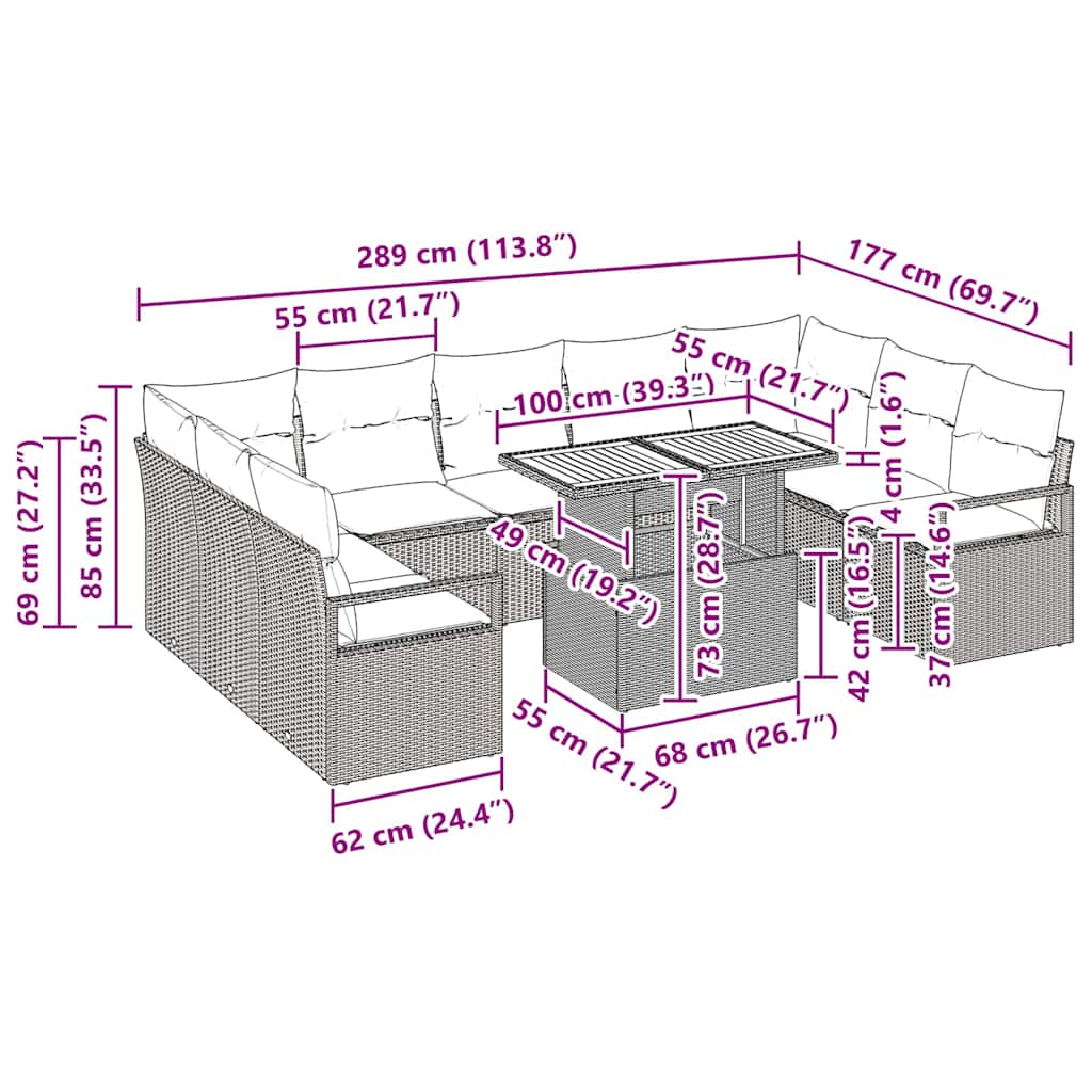 vidaXL Σέτ Κήπου 10 Τεμαχίων με Μαξιλάρια Μπεζ, Πολυ Ράτα Ακακία