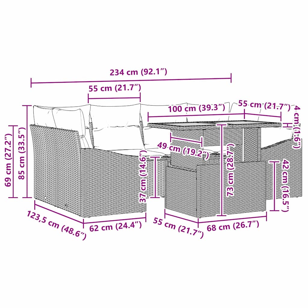 vidaXL Σετ εξωτερικού καθιστικού 7 τεμαχίων με μαξιλάρια Μαύρο Πολυ Ράτανα Ακακίας